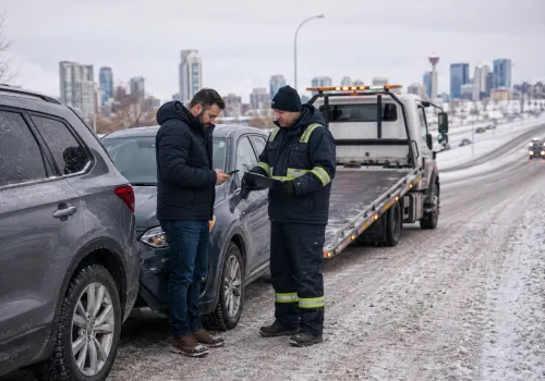 Damaged vehicle receiving professional towing assistance after a Calgary collision