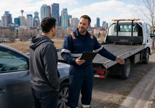 Tow truck operator explaining vehicle assistance pricing in Calgary