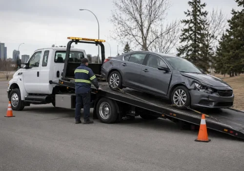 Wrecker recovering a damaged vehicle after a Calgary accident