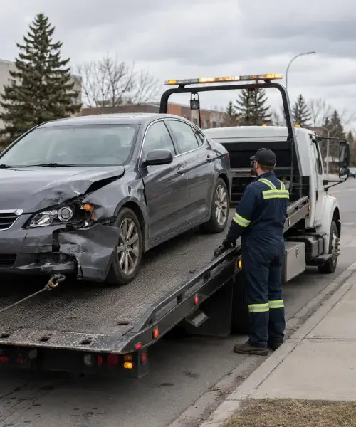 Tow truck recovering a collision-damaged vehicle in Calgary