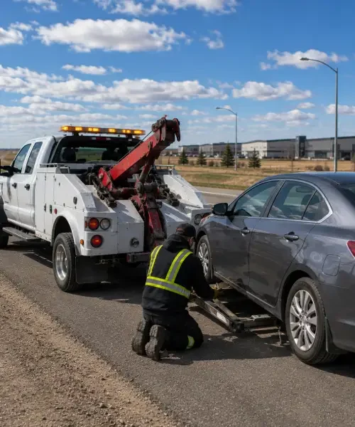 Flatbed tow truck serving drivers near Balzac, Alberta
