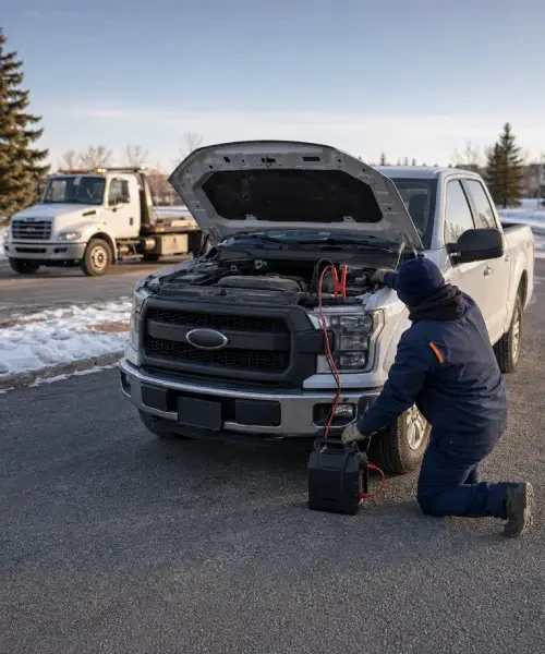 Technician providing a battery boost to a stranded vehicle in Calgary