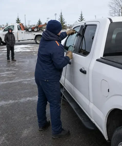 Tow truck operator unlocking a car, truck or semi in Calgary