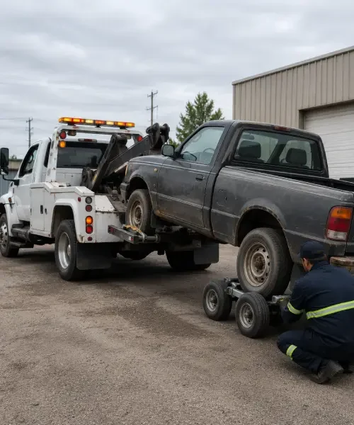 Scrap car being collected by a tow truck in Calgary
