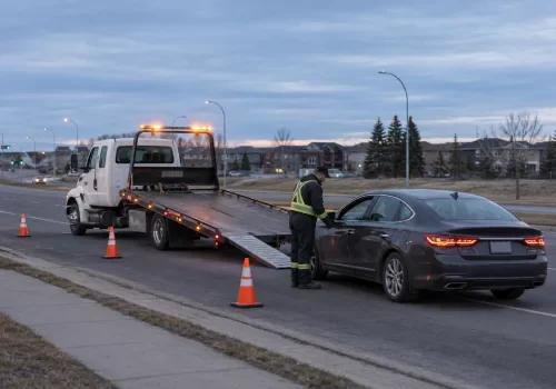 Emergency tow truck responding to a disabled vehicle in Calgary