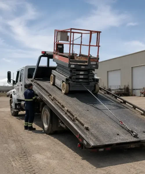 Flatbed tow truck transporting equipment and machinery in Calgary