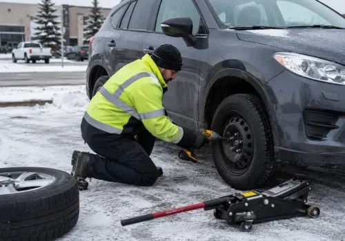 Operator replacing a flat tire beside a Calgary roadway