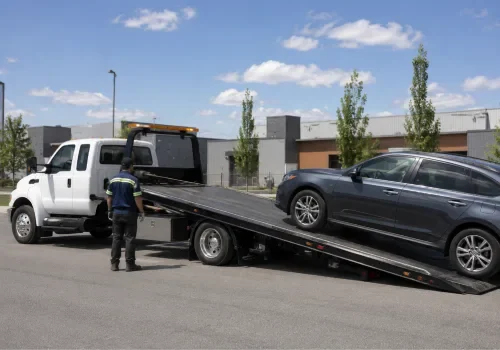 Vehicle secured on a rollback flatbed tow truck