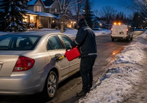 Tow truck delivering emergency fuel to a stranded vehicle