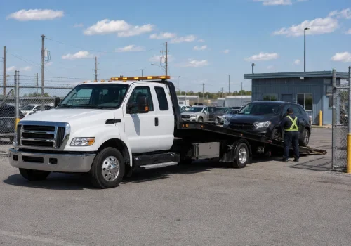 Tow truck removing a non-drivable vehicle from a Calgary impound lot
