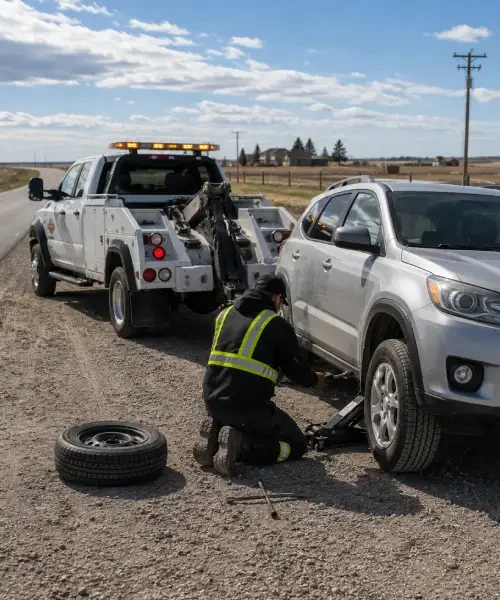 Roadside tow truck assisting a vehicle near Langdon, Alberta