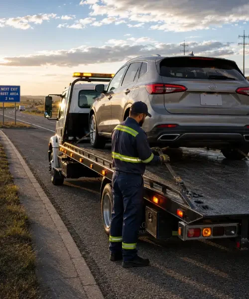 Flatbed tow truck transporting a vehicle across Alberta
