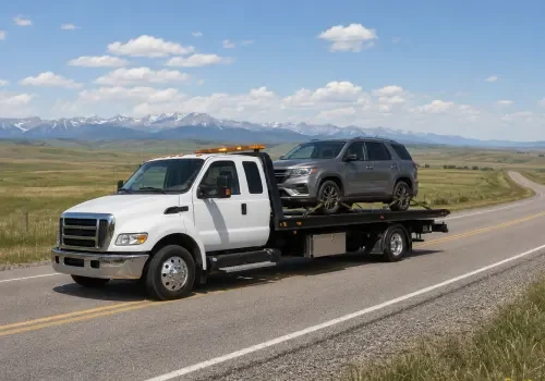 Flatbed tow truck transporting a vehicle on an Alberta highway