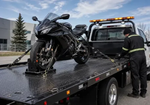 Motorcycle loaded securely onto a Calgary tow truck