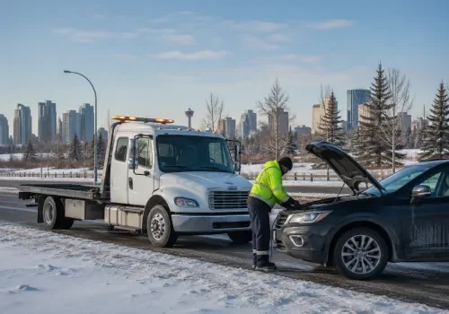 Tow truck providing roadside assistance to a stranded driver in Calgary