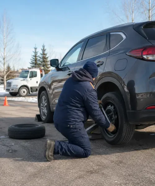 Tow truck operator changing a flat tire beside a Calgary road