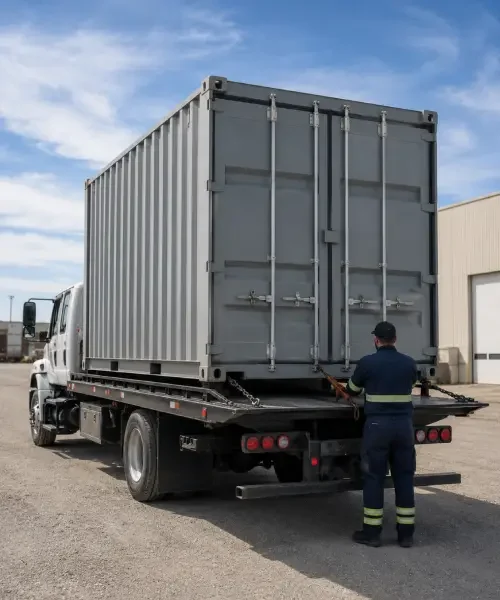 Flatbed truck hauling a sea container or compatible structure in Calgary