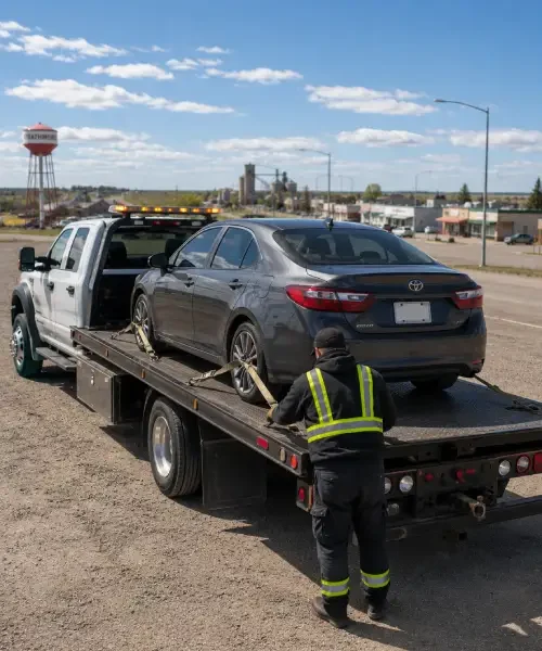Tow truck transporting a vehicle between Strathmore and Calgary