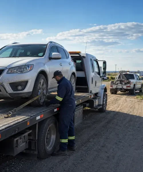 Tow truck completing vehicle recovery and equipment hauling work