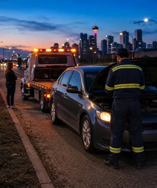 Emergency tow truck assisting a stranded Calgary driver