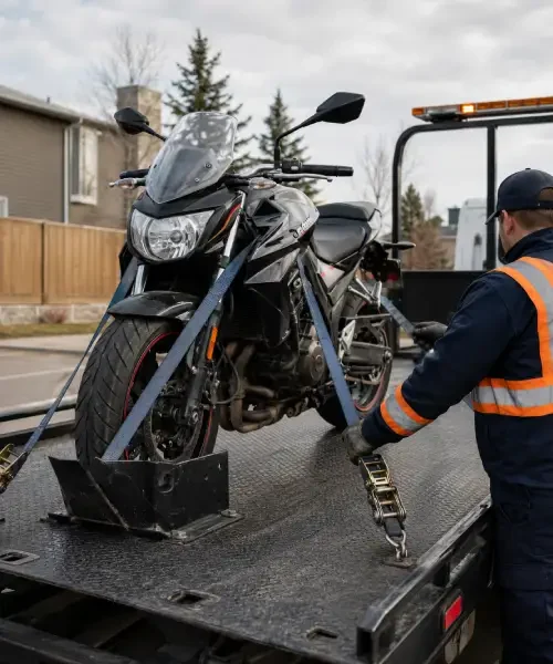 Motorcycle secured on a flatbed tow truck for safe transport in Calgary