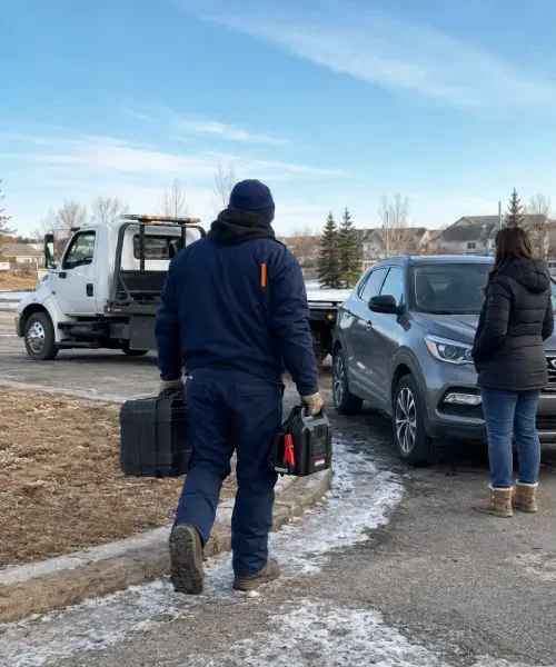 Roadside assistance operator helping a stranded Calgary driver