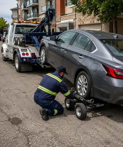 Wrecker tow truck using wheel lift and dollies in Calgary