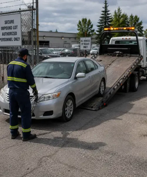 Tow truck collecting a vehicle from a Calgary impound lot