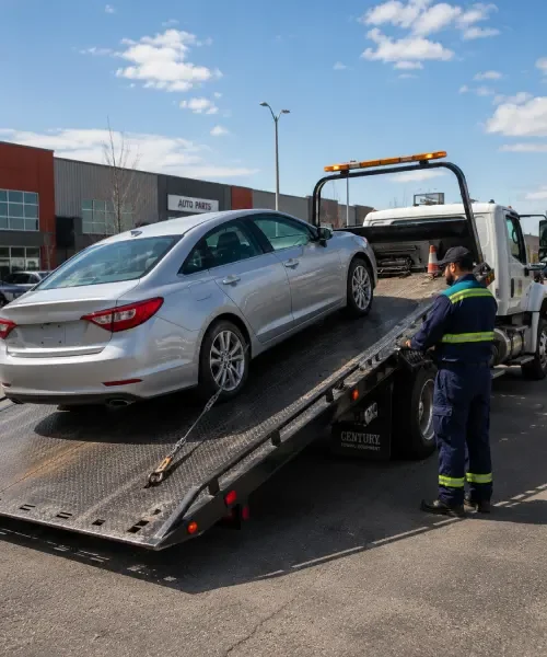 Vehicle loaded onto a rollback flatbed tow truck in Calgary