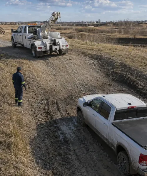Tow truck recovering a vehicle stuck in snow near Calgary