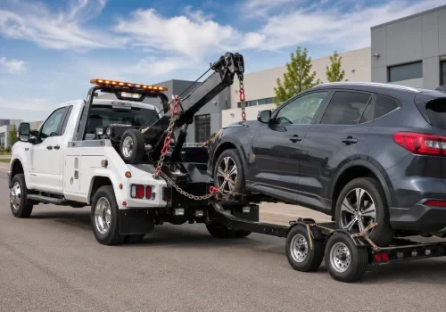 Wrecker tow truck using a wheel lift and dollies in Calgary