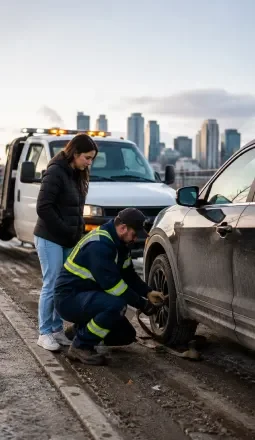 Driver reviewing towing arrival estimates, pricing and vehicle preparation